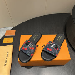 LV SLIDE SANDALS 25S IN BLACK DENIM AND CALFSKIN WITH LOGO PRINT
