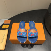 LV SLIDE SANDALS 25S IN DARK BLUE DENIM AND CALFSKIN WITH LOGO PRINT