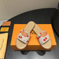 LV SLIDE SANDALS 25S IN BEIGE DENIM AND CALFSKIN WITH LOGO PRINT