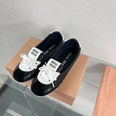 Black Leather Ballet Flats With White
