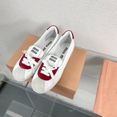 White Leather Ballet Flats With Red