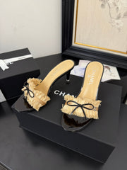 SAND YELLOW GROSGRAIN CANVAS BOW MULE SANDALS 90 MM