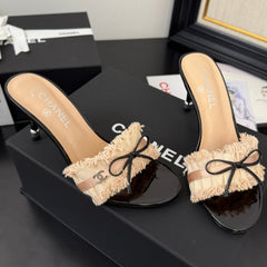 PEACH PINK GROSGRAIN CANVAS BOW MULE SANDALS 90 MM