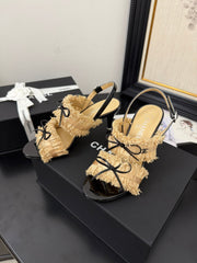 SAND YELLOW GROSGRAIN CANVAS BOW SLINGBACK SANDALS