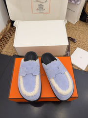 HM 25S MULE IN SOFT LAVENDER BLUE SUEDE MIX WHITE SHEARLING
