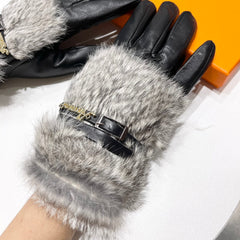 TOUCHSCREEN GLOVES IN BLACK LAMBSKIN MIX FOX FUR 165012