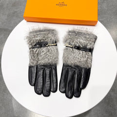 TOUCHSCREEN GLOVES IN BLACK LAMBSKIN MIX FOX FUR 165012
