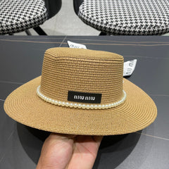 MM SMALL-BRIM STRAW HAT IN BEIGE AND PEARL EMBELLISHED
