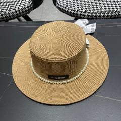 MM SMALL-BRIM STRAW HAT IN BEIGE AND PEARL EMBELLISHED