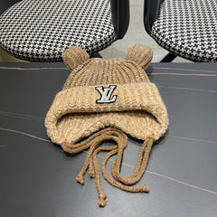 KNITTED BEANIE HAT WITH CUTE EARS IN PEANUT BROWN WOOL 403485