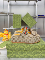 GG SANDALS 22 IN BEIGE FABRIC WITH GOLD HARDWARE