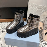 MONOLITH ANKLE BOOTS WITH STRAP IN METALLIC GRAY CALFSKIN AND FLEECE LINING