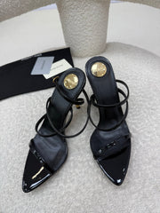 YSL 25S STRAPPY HIGH-HEEL SANDALS 95 MM IN BLACK SHINY LAMBSKIN