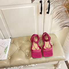 STRETCH LACE-UP FLAT SANDAL IN BRIGHT PINK METALLIZED MESH AND LEATHER