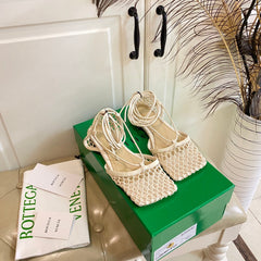 STRETCH LACE-UP FLAT SANDAL IN WHITE CREAM METALLIZED MESH AND LEATHER