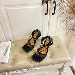 STRETCH LACE-UP SANDAL IN BLACK METALLIZED MESH AND LEATHER 9 CM