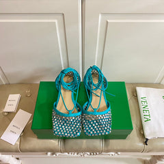 LACE-UP FLAT SANDAL IN CERULEAN BLUE METALLIZED MESH AND LEATHER WITH RHINSTONES