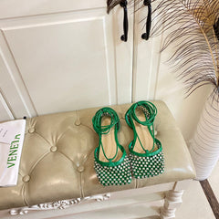 LACE-UP FLAT SANDAL IN COOL GREEN METALLIZED MESH AND LEATHER WITH RHINSTONES