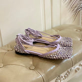 LACE-UP FLAT SANDAL IN LIGHT PURPLE METALLIZED MESH AND LEATHER WITH RHINSTONES