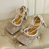 LACE-UP SANDAL IN WHITE CREAM METALLIZED MESH AND LEATHER WITH RHINSTONES 9 CM