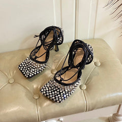 LACE-UP SANDAL IN BLACK METALLIZED MESH AND LEATHER WITH RHINSTONES 9 CM