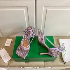 LACE-UP SANDAL IN LIGHT PURPLE METALLIZED MESH AND LEATHER WITH RHINSTONES 9 CM