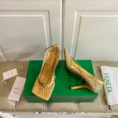 STRETCH LACE-UP SANDAL IN GOLD METALLIZED MESH AND LEATHER 9 CM