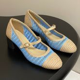 HIGH BALLET MARY JANE 50MM IN NATURAL BEIGE AND BLUE RAFFIA
