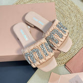 Women's Pastel Pink Leather Diamond Slippers