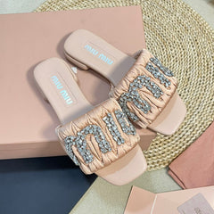 Women's Pastel Pink Leather Diamond Slippers