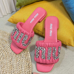 Women's Neon Pink Leather Diamond Slippers