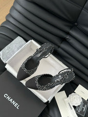 HIGH SLINGBACK IN BLACK MIX WHITE TWEED AND LAMBSKIN