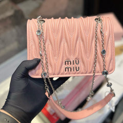 MATELASSÉ CRYSTAL CHAIN BAG 21 IN BABY PINK LAMBSKIN