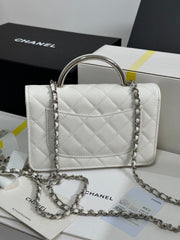 FLAP BAG WITH SILVER-TONE HANDLE 19 IN WHITE CAVIAR SKIN