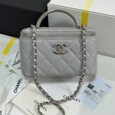 MINI VANITY TOP HANDLE CASE 17 IN GREY CAVIAR SKIN SILVER-TONE PLATED METAL