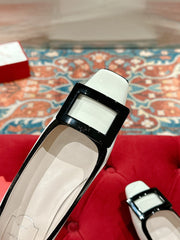 TROMPETTE BALLERINAS IN WHITE SHINY CALFSKIN BLACK SQUARE BUCKLE
