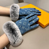 FINGERLESS GLOVES IN ELECTRIC BLUE MONOGRAM DENIM AND LAMBSKIN WITH RABBIT FUR 458591