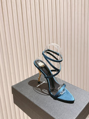 YSL 25S STRAPPY HIGH-HEEL SANDALS 100 MM IN MIDNIGHT BLUE SATIN