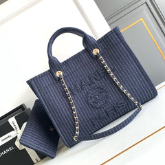 CHANEL 25S TOTE BAG 32 CM IN NAVY BLUE CANVAS