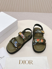 DIOR BACK-STRAP SANDALS 25S IN MOSS GREEN CALFSKIN EMBROIDERED WITH PETITES FLEURS