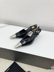 YSL 25S HIGH-HEEL SLINGBACKS 65 MM IN BLACK LAMBSKIN AND SILVER HARDWARE