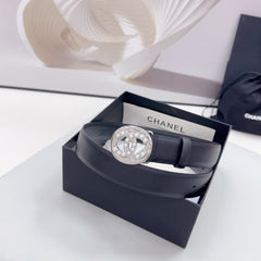 CC 30MM BELT IN BLACK CALFSKIN SILVER HARDWARE ATTACH PEARLS