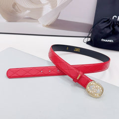 CC 30MM BELT IN CHERRY RED CALFSKIN GOLD HARDWARE ATTACH PEARLS