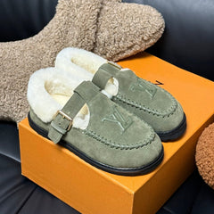 COLORADO COMFORT MARY JANE IN BASIL GREEN SUEDE AND SHEARLING LINING