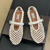 ALAIA MARY JANE FLATS 25S IN WHITE MESH CALSKIN WITH SILVER HARDWARE