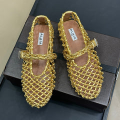 ALAIA MARY JANE FLATS 25S IN GOLD MESH CALSKIN WITH SILVER HARDWARE