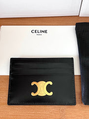 CELINE 25S CARD HOLDER TRIOMPHE LOGO 11 IN BLACK CALFSKIN GOLD HARDWARE