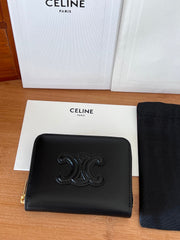 CELINE 25S TRIOMPHE COMPACT ZIPPED WALLET 11 IN BLACK CALFSKIN GOLD HARDWARE