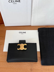 CELINE 25S TRIOMPHE TRIFOLD WALLET 11 IN BLACK CALFSKIN GOLD HARDWARE