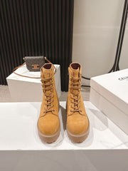 CELINE 25S HIGH HEELED LACE UP BOOTS 50MM IN DARK ORANGE SUEDE